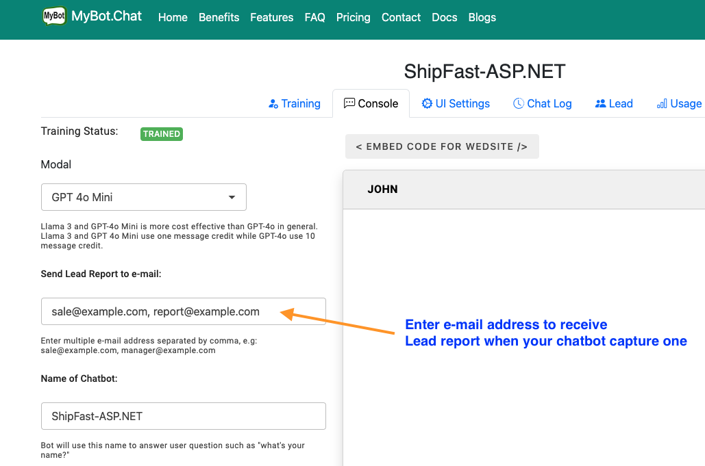 Configure Chatbot to send lead report