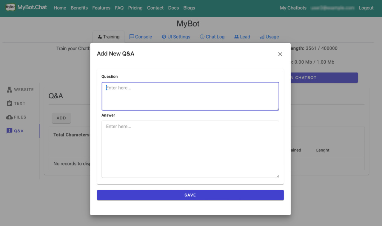 For for Q and A to train Chatbot